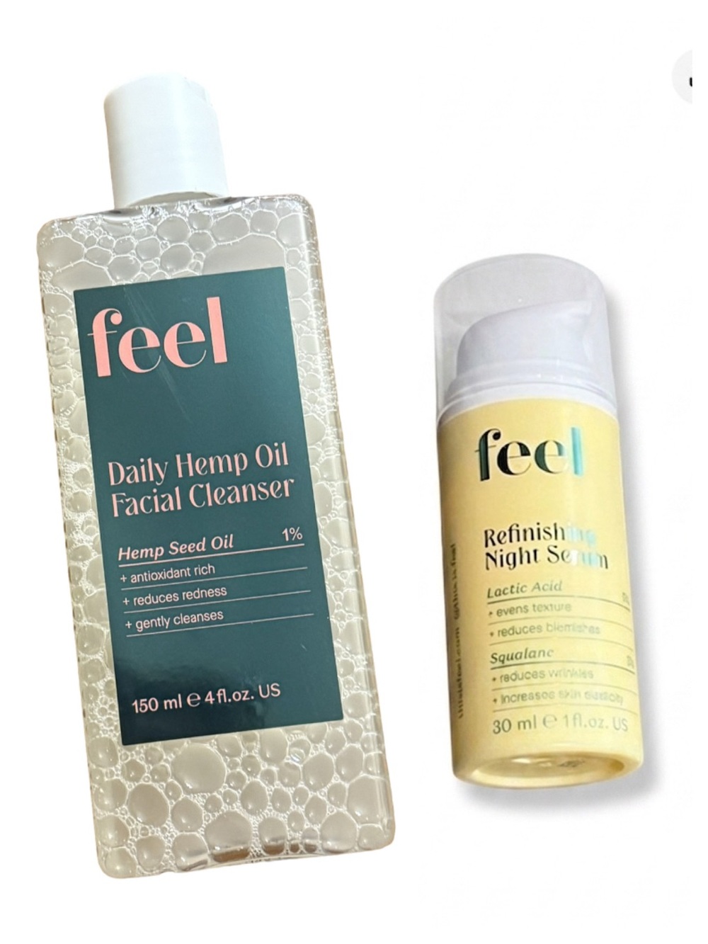 Feel Beauty Clean Skincare Duo: Hemp Cleanser + Lactic Acid Night Serum NIB